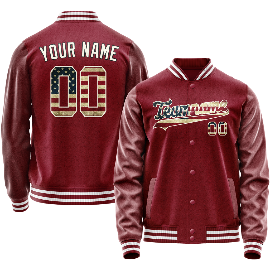 Custom Crimson Cream Vintage Usa Flag Varsity Letterman Jacket