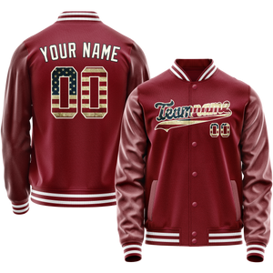 Custom Crimson Cream Vintage Usa Flag Varsity Letterman Jacket