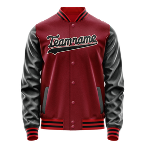 Custom Crimson Black Solid Color Varsity Letterman Jacket