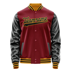 Custom Crimson Black Solid Color Varsity Letterman Jacket