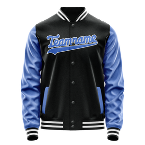 Custom Black Light-Blue Solid Color Varsity Letterman Jacket