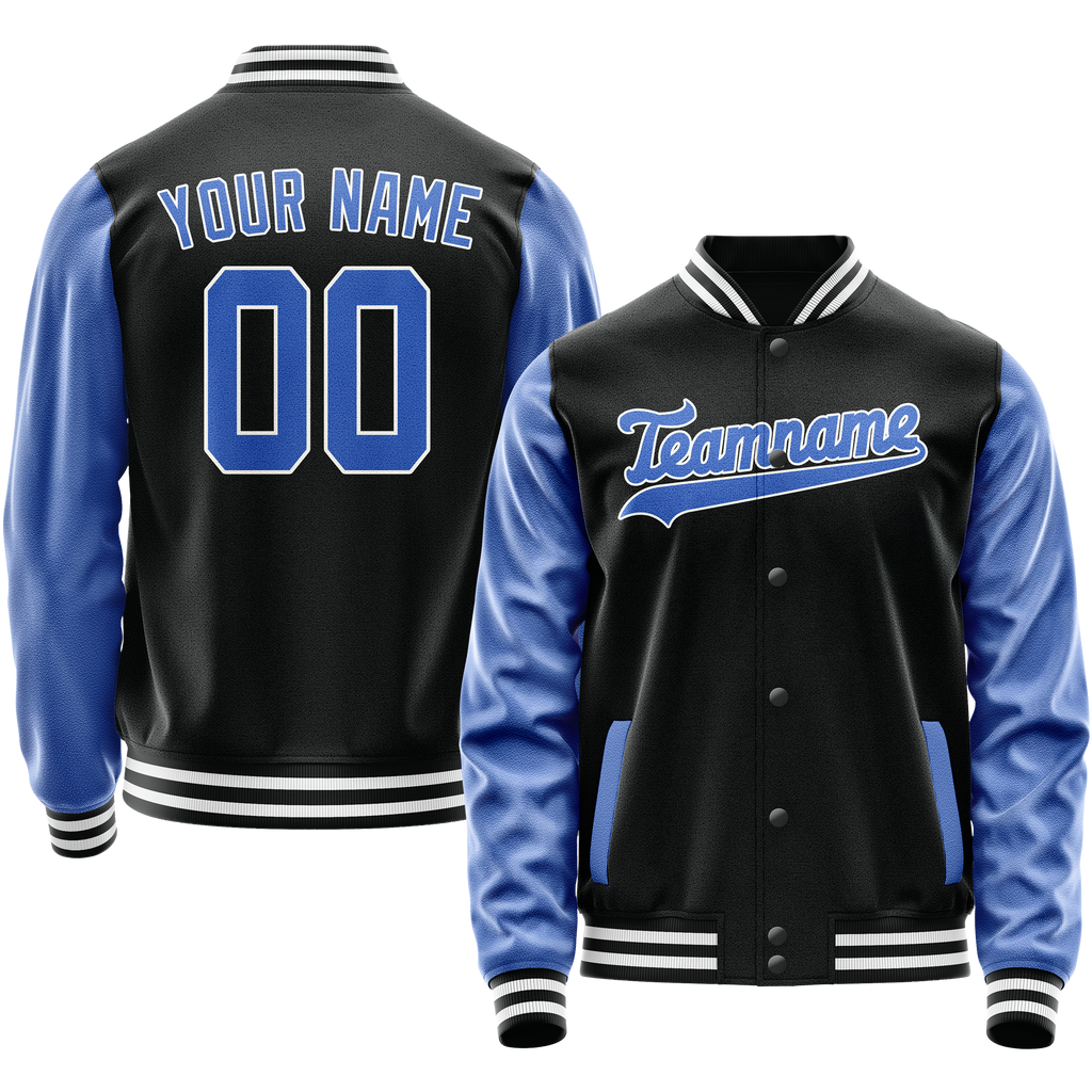 Custom Black Light-Blue Solid Color Varsity Letterman Jacket