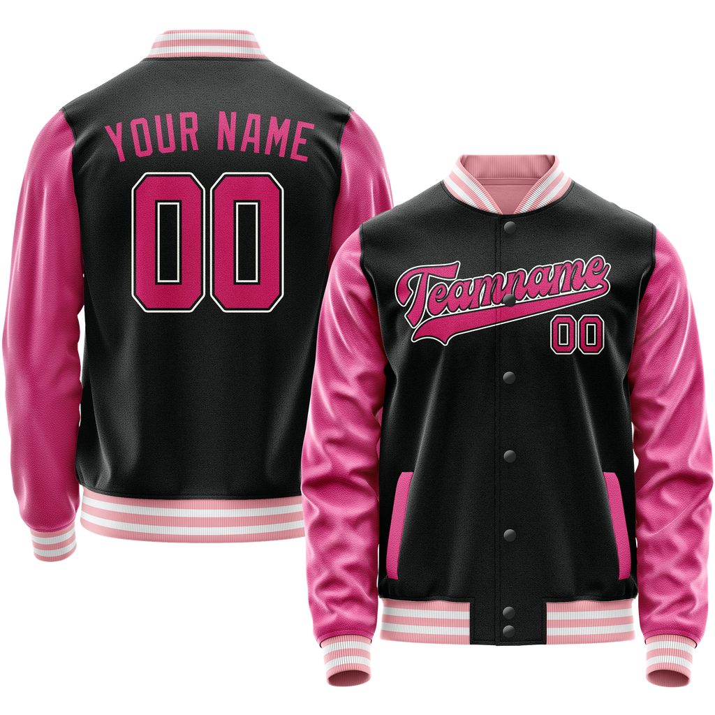 Custom Black Pink Solid Color Varsity Letterman Jacket