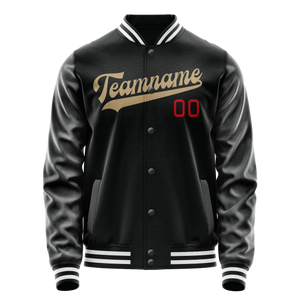Custom Black Cream Solid Color Varsity Letterman Jacket