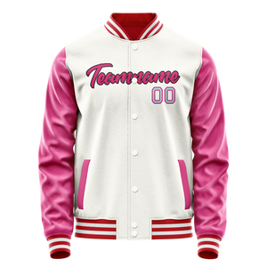 Custom White Pink Solid Color Varsity Letterman Jacket