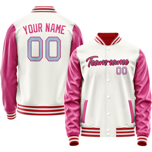 Custom White Pink Solid Color Varsity Letterman Jacket