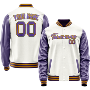 Custom White Purple Solid Color Varsity Letterman Jacket