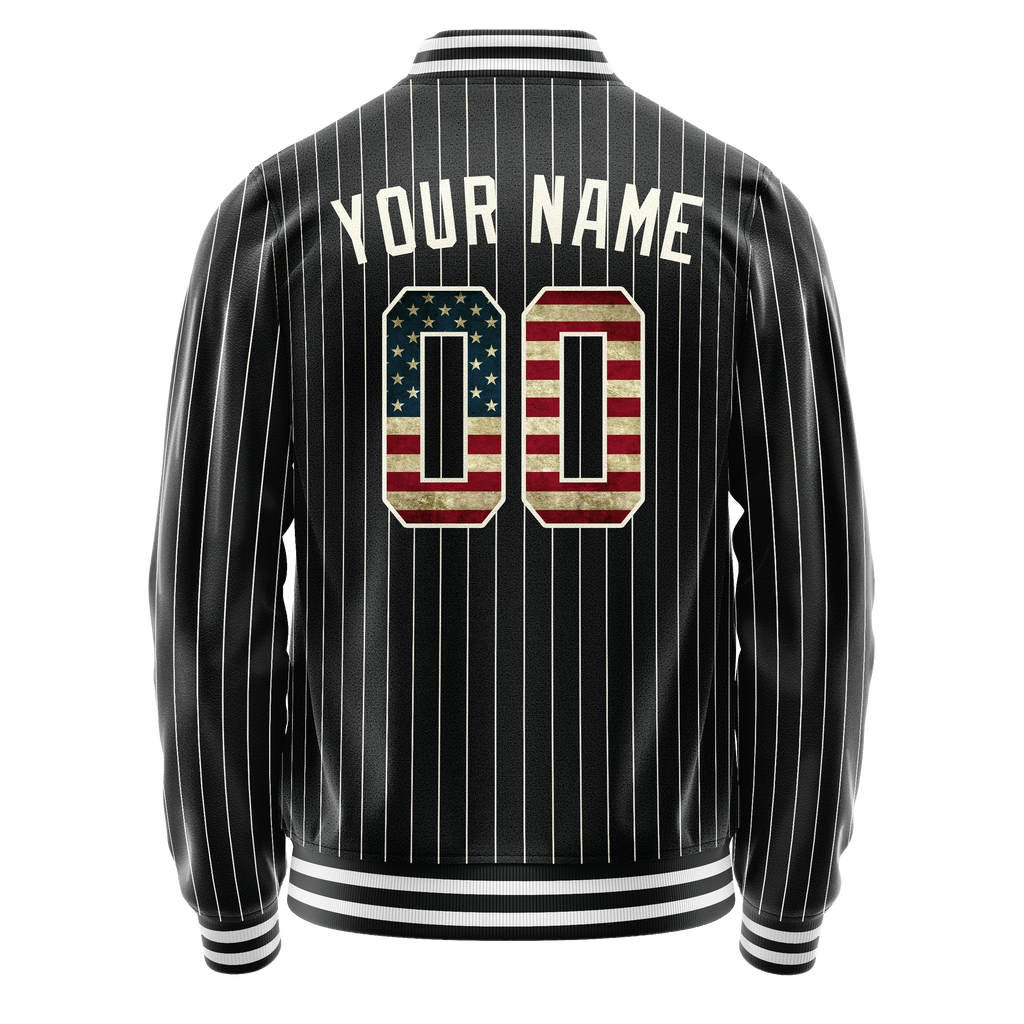 Custom Black Vintage-Usa-Flag Cream Pinstripe Varsity Letterman Jacket