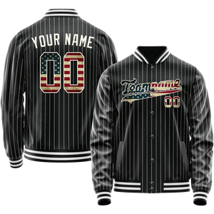 Custom Black Vintage-Usa-Flag Cream Pinstripe Varsity Letterman Jacket