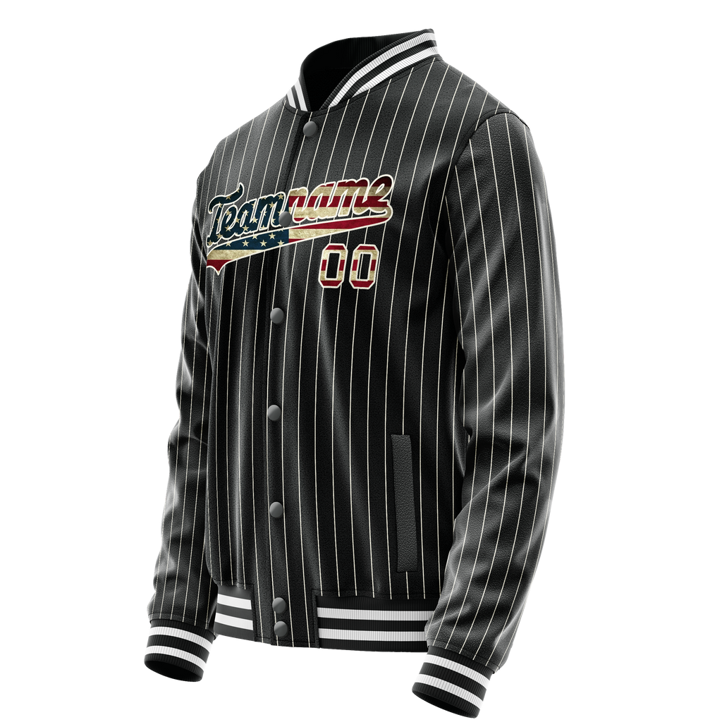 Custom Black Vintage-Usa-Flag Cream Pinstripe Varsity Letterman Jacket