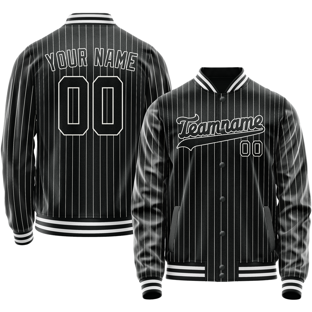 Custom Black White White Pinstripe Varsity Letterman Jacket