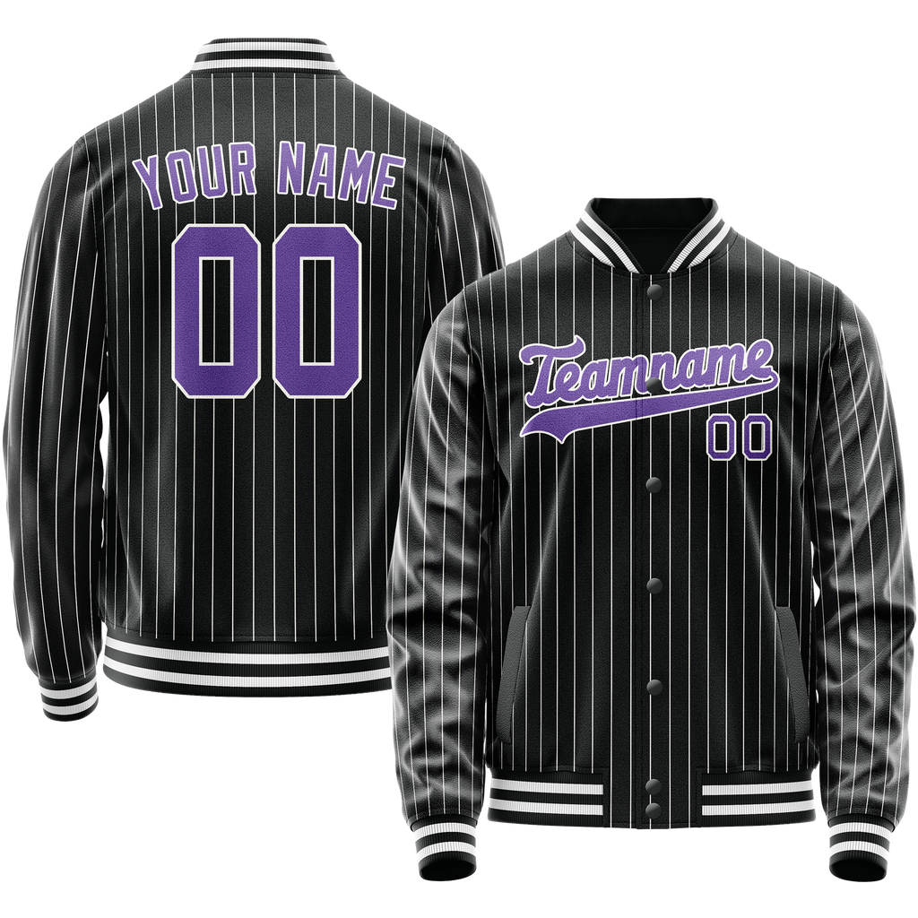 Custom Black Purple Gray Pinstripe Varsity Letterman Jacket