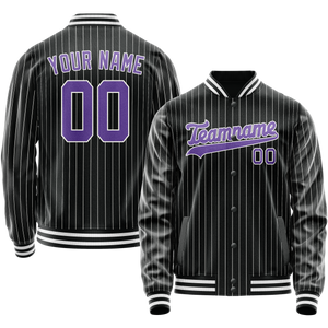 Custom Black Purple Gray Pinstripe Varsity Letterman Jacket