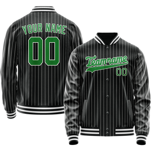 Custom Black Neon-Green Gray Pinstripe Varsity Letterman Jacket