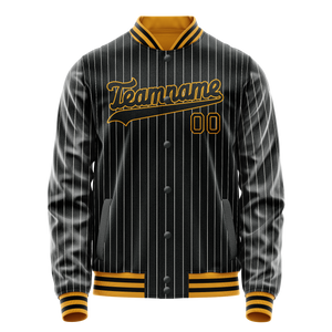 Custom Black Gold Gray Pinstripe Varsity Letterman Jacket