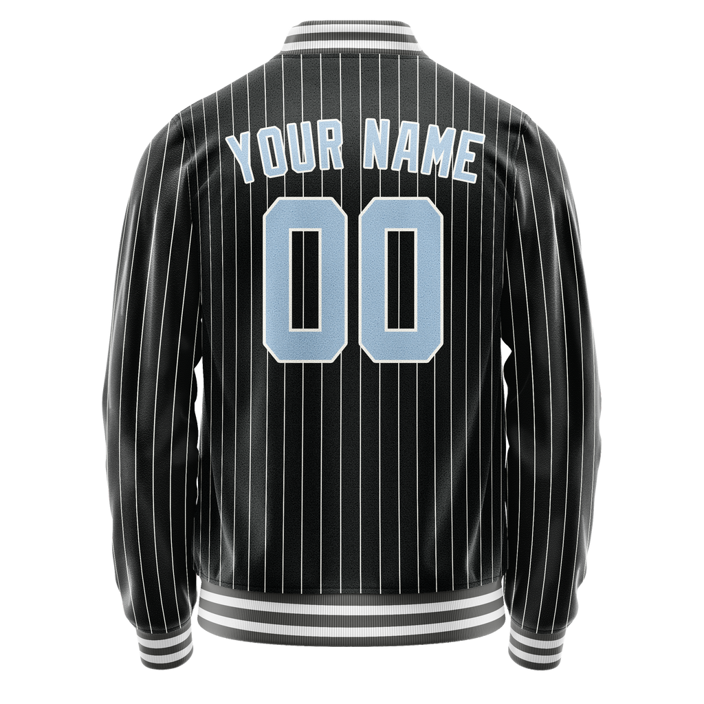 Custom Black Light-Blue Gray Pinstripe Varsity Letterman Jacket