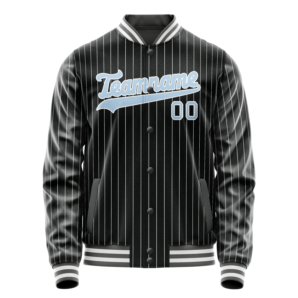 Custom Black Light-Blue Gray Pinstripe Varsity Letterman Jacket