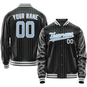 Custom Black Light-Blue Gray Pinstripe Varsity Letterman Jacket