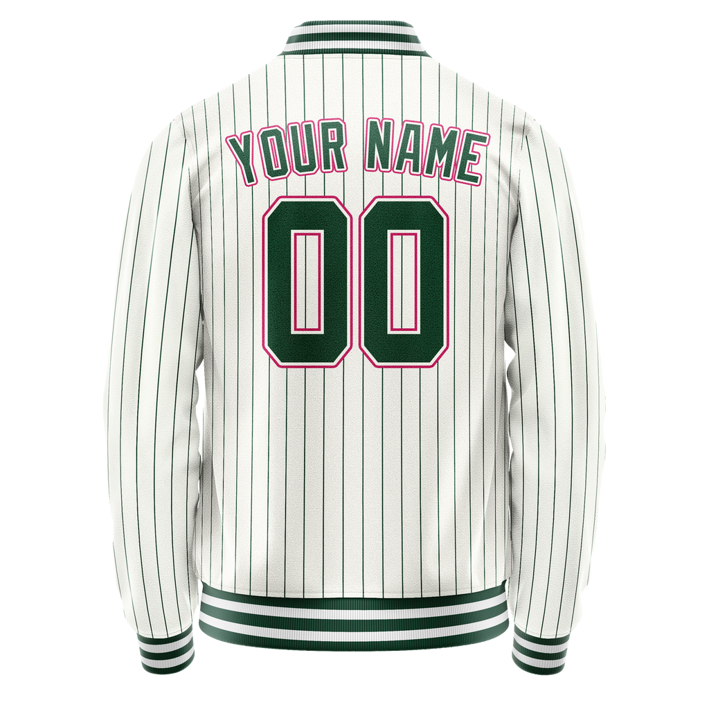 Custom White Pink Kelly Green Pinstripe Varsity Letterman Jacket
