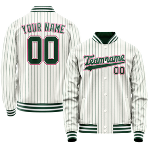 Custom White Pink Kelly Green Pinstripe Varsity Letterman Jacket