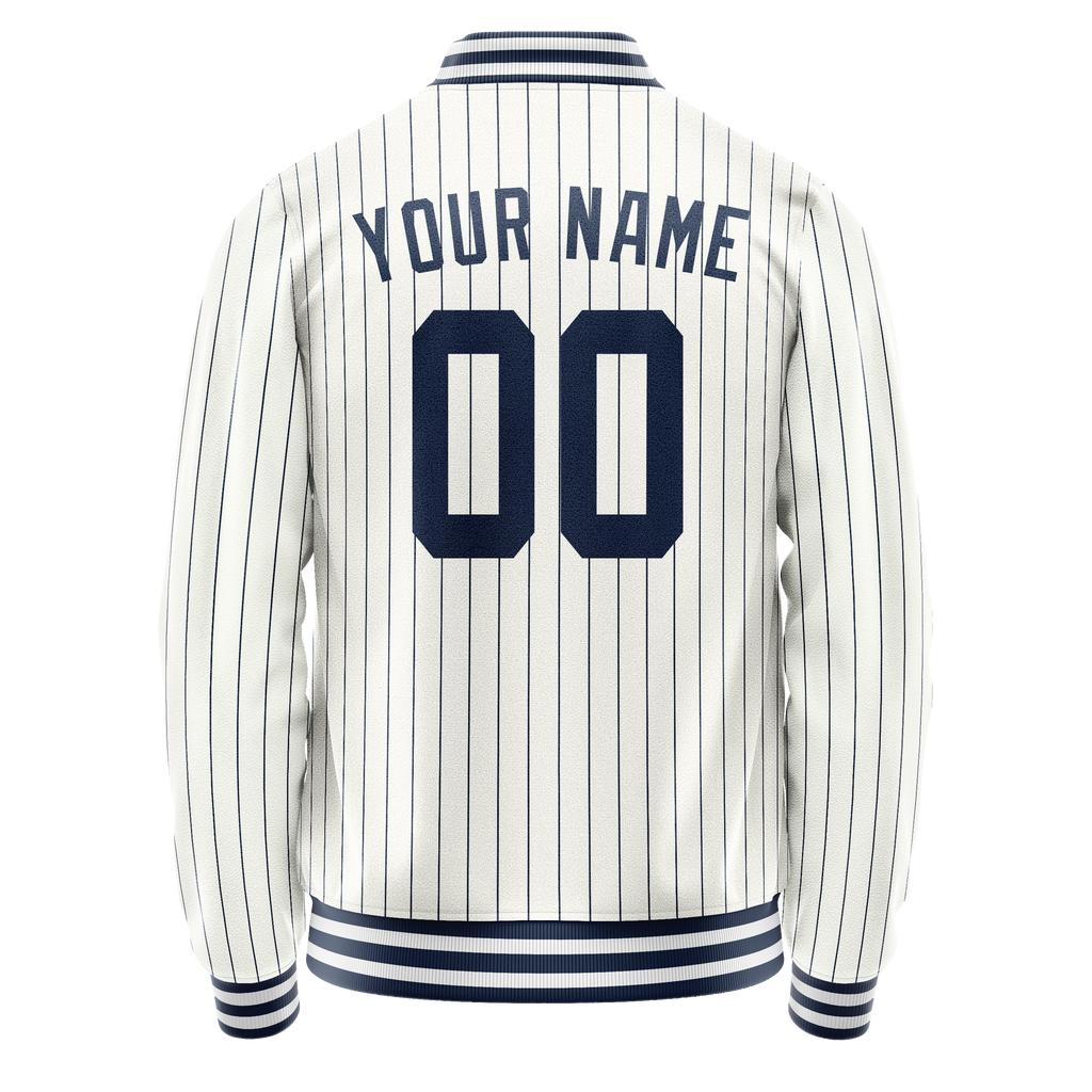 Custom White Navy Navy Pinstripe Varsity Letterman Jacket