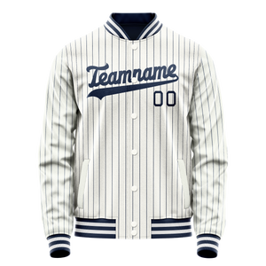 Custom White Navy Navy Pinstripe Varsity Letterman Jacket