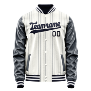 Custom White Navy Navy Pinstripe Varsity Letterman Jacket