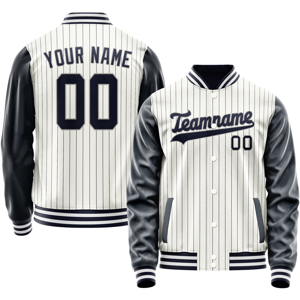 Custom White Navy Navy Pinstripe Varsity Letterman Jacket