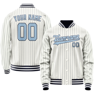 Custom White Light-Blue Navy Pinstripe Varsity Letterman Jacket
