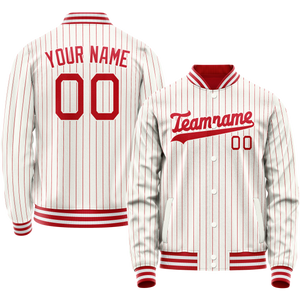 Custom White Red Red Pinstripe Varsity Letterman Jacket
