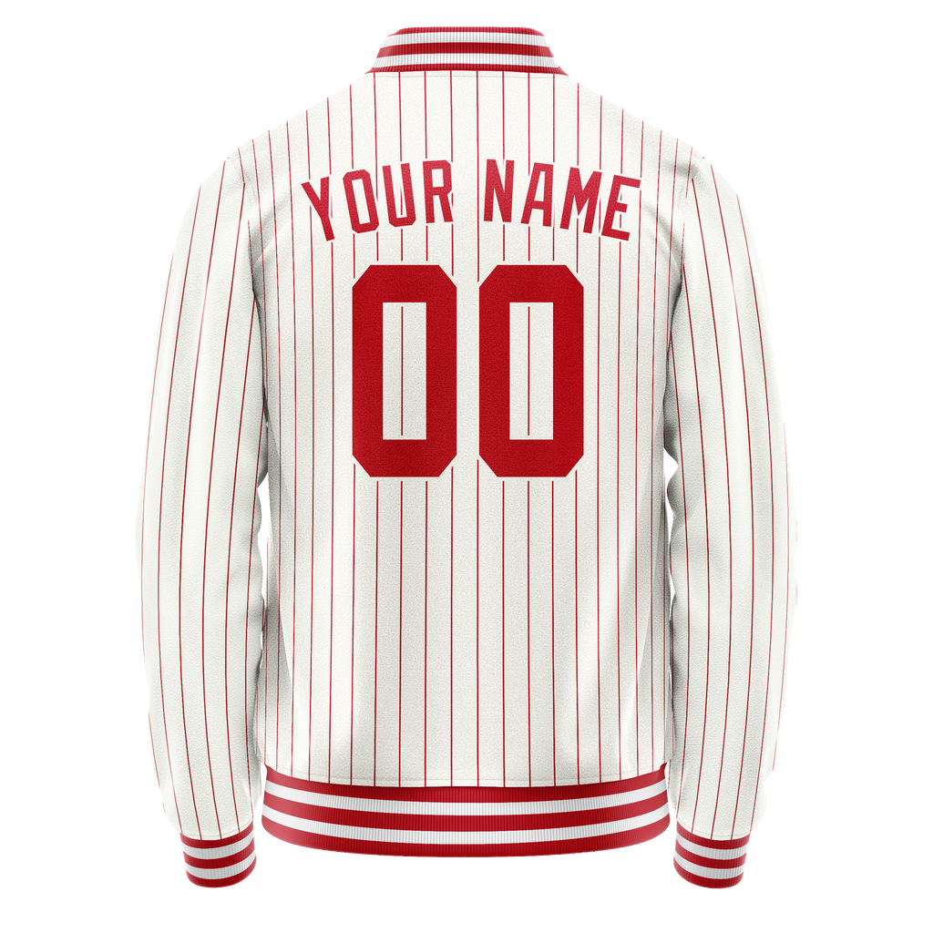 Custom White Red Red Pinstripe Varsity Letterman Jacket
