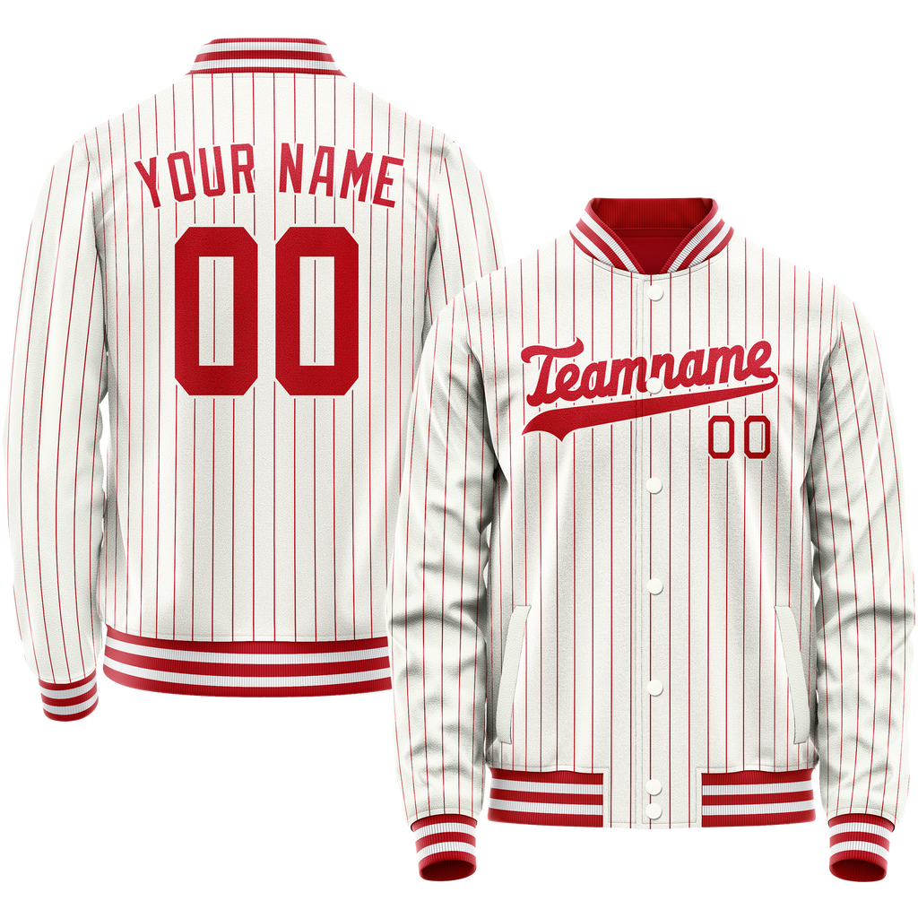 Custom White Red Red Pinstripe Varsity Letterman Jacket