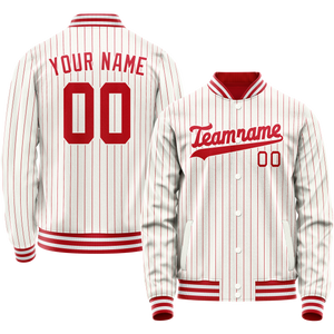 Custom White Red Red Pinstripe Varsity Letterman Jacket