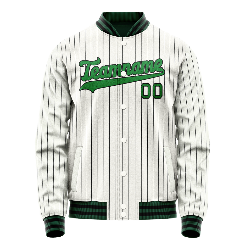 Custom White Neon-Green Black Pinstripe Varsity Letterman Jacket