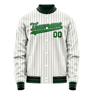 Custom White Neon-Green Black Pinstripe Varsity Letterman Jacket