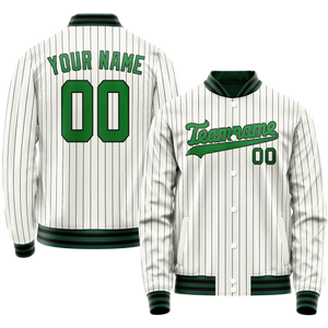 Custom White Neon-Green Black Pinstripe Varsity Letterman Jacket
