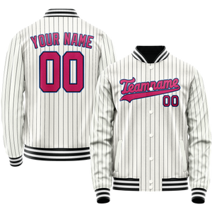 Custom White Pink Black Pinstripe Varsity Letterman Jacket