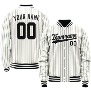 Custom White Black Black Pinstripe Varsity Letterman Jacket