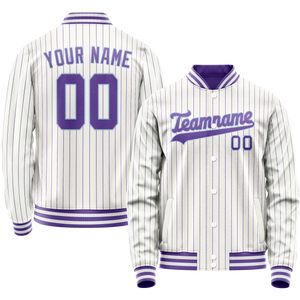 Custom White Purple Purple Pinstripe Varsity Letterman Jacket