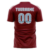 Custom Crimson Red Light Blue Soccer Jersey