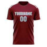 Custom Crimson Red Light Blue Soccer Jersey