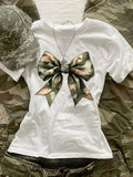 Country Shirts Womens Large Camouflage Patterned Bow On Plain White Cotton Tshirt, Cotton Shirts For Women, Funny T Shirts For Women