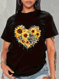 Womens Graphic Tshirts Heart Shaped Arrangement Of Bright Sunflowers And Delicate Leaves Flower, Womens Tees, Womens Graphic T Shirts