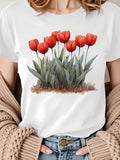 Graphic Tshirts Women Red Blooming Tulips With Green Leaves Growing On Earth Tulip, Cute T Shirts For Women, Vintage T Shirts Women