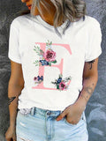 Graphic Tees Women White Shirt With Pink Letter And Floral Botanical Rose Design, Red T Shirt Women, Vintage Shirts Women