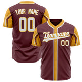 Custom Crimson Baseball Jersey (With Gold 3 Colors Arm Shapes)