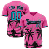 Custom Pink Baseball Jersey (With Lakes Blue 3D Miami Palm Tress)