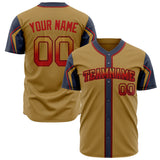 Custom Old Gold Baseball Jersey (With Navy 3 Colors Arm Shapes)