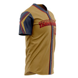 Custom Old Gold Baseball Jersey (With Navy 3 Colors Arm Shapes)