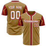 Custom Old Gold Baseball Jersey (With Red 3 Colors Arm Shapes)